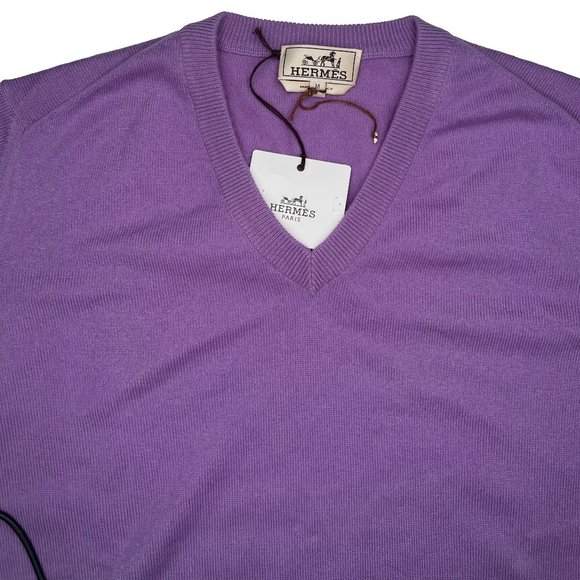 Hermes Long Sleeve 100% Cashmere Mens V-Neck Sweater EU Size M Mauve Color - Picture 5 of 10
